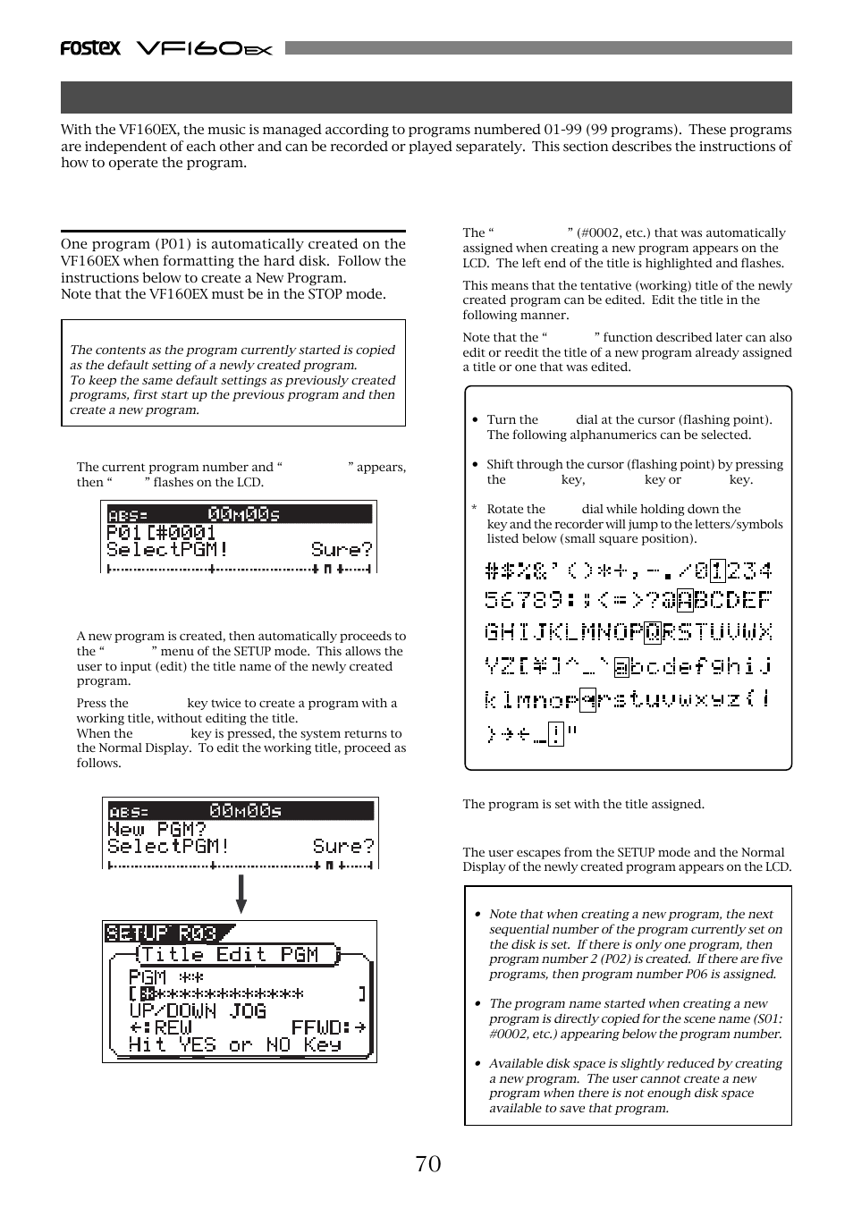 Program, Creating a new program | Fostex VF160EX User Manual | Page 70 / 158
