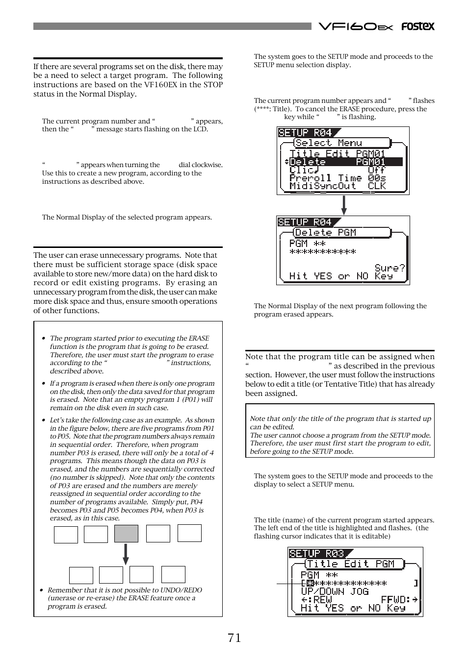Selecting a program, Erasing a program, Editing a program title | Fostex VF160EX User Manual | Page 71 / 158