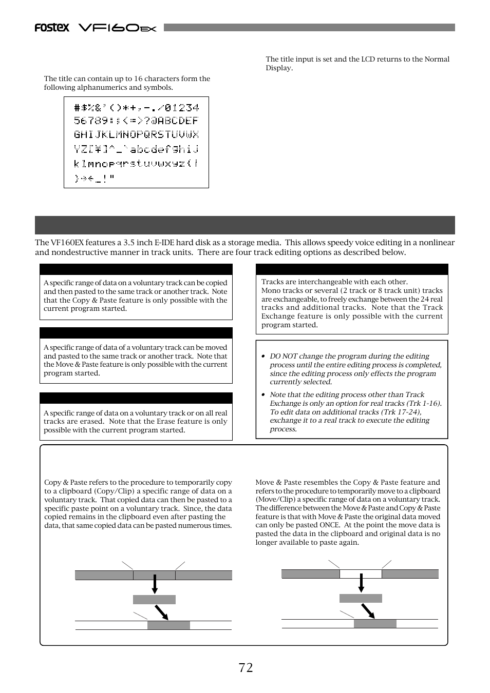 Editing the track, Copy & paste and move & paste, Copy & paste | Move & paste | Fostex VF160EX User Manual | Page 72 / 158