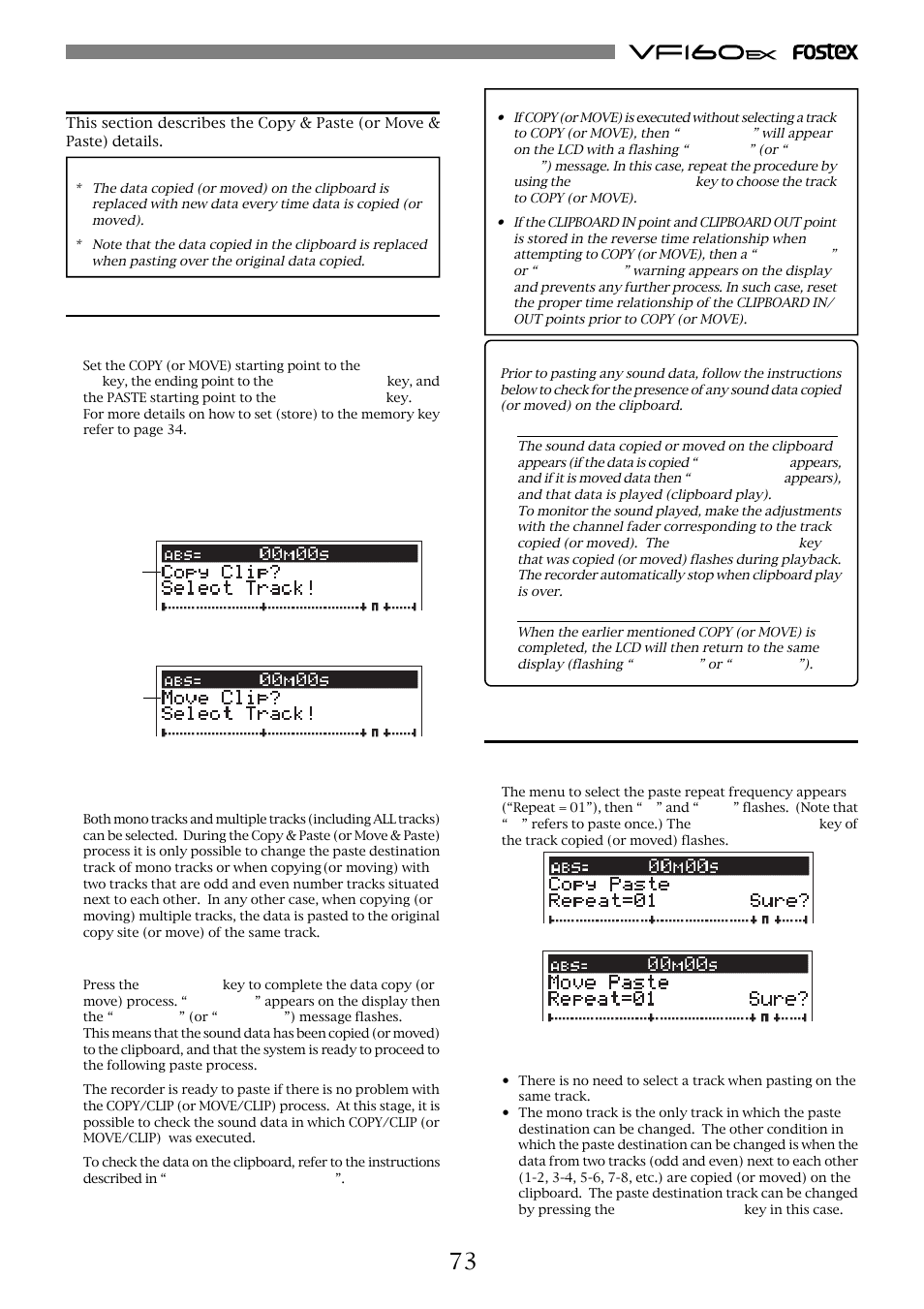 Copy & paste and move & paste, Executing copy (or move) and clip, Pasting data | Fostex VF160EX User Manual | Page 73 / 158