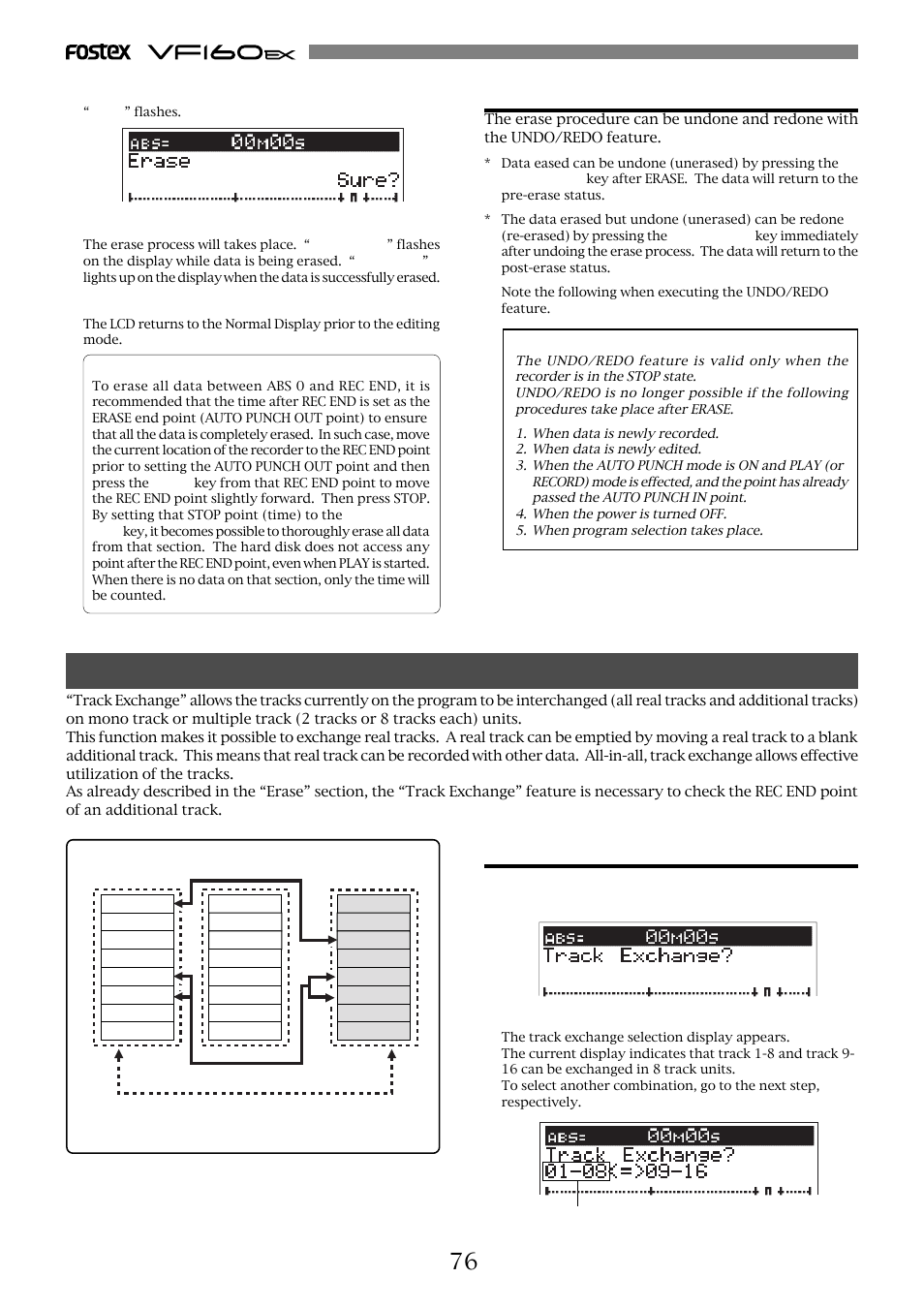 Track exchange, Undo/redo erase, Executing track exchange | Fostex VF160EX User Manual | Page 76 / 158