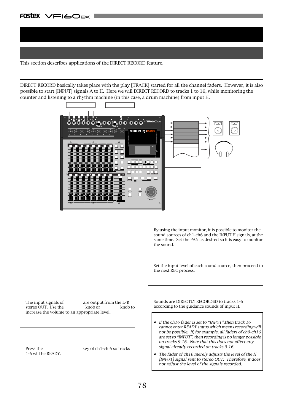 Chapter 5 features application, Applications of direct record, Direct record while listening to the input signal | Connecting the sound source, Setting the input signal to input h, Setting the input signals to input a to f, Record, Caution, Access phantom cd play optical | Fostex VF160EX User Manual | Page 78 / 158