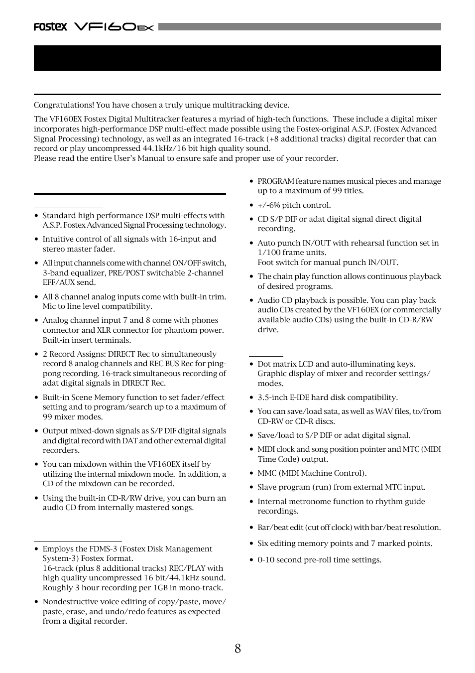 Chapter 1 basic features of vf160ex, Introduction, Product features | Others | Fostex VF160EX User Manual | Page 8 / 158