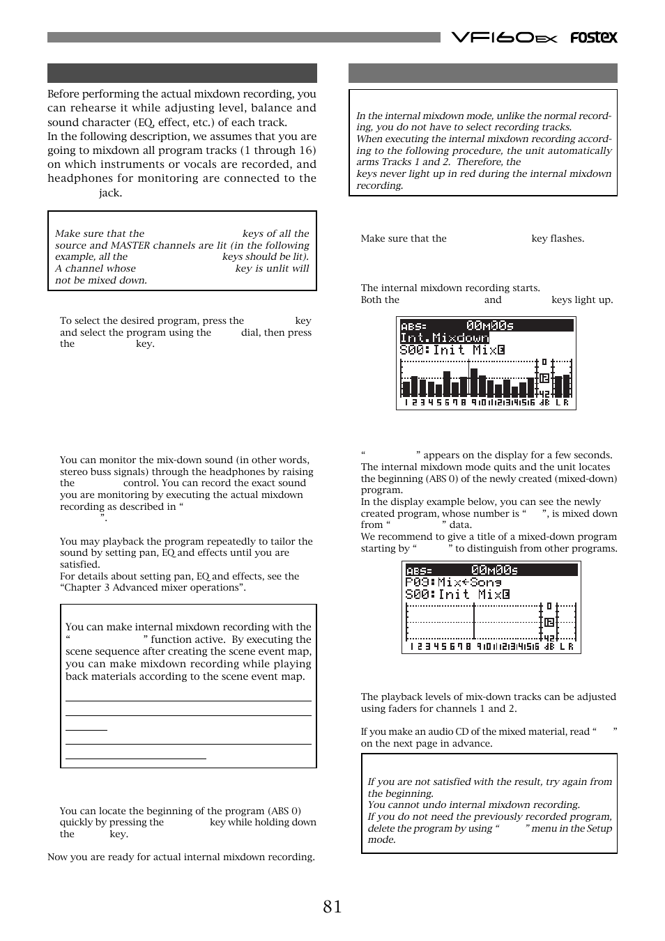 Rehearsing internal mixdown recording, Performing internal mixdown recording | Fostex VF160EX User Manual | Page 81 / 158