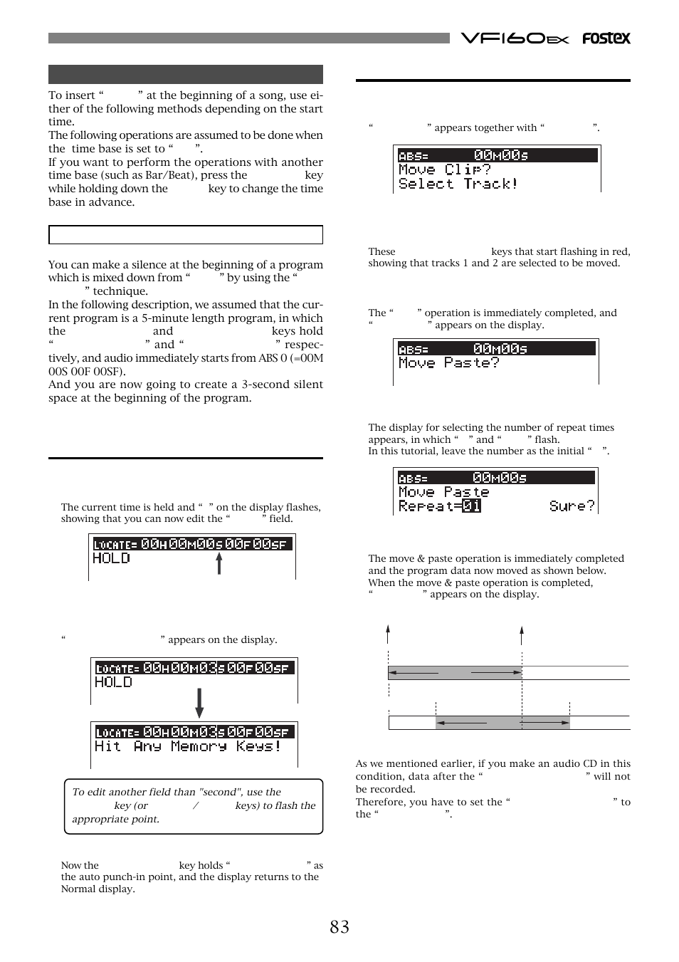 Inserting “silence” at the beginning of a song, Then carry out the move & paste operation | Fostex VF160EX User Manual | Page 83 / 158