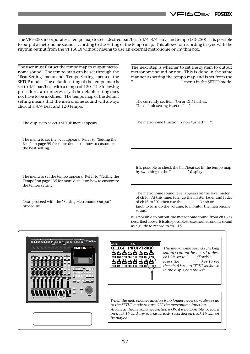 Metronome function, Setting the tempo map, Setting metronome output | Set the time base to the bar/beat, Checking metronome sound | Fostex VF160EX User Manual | Page 87 / 158