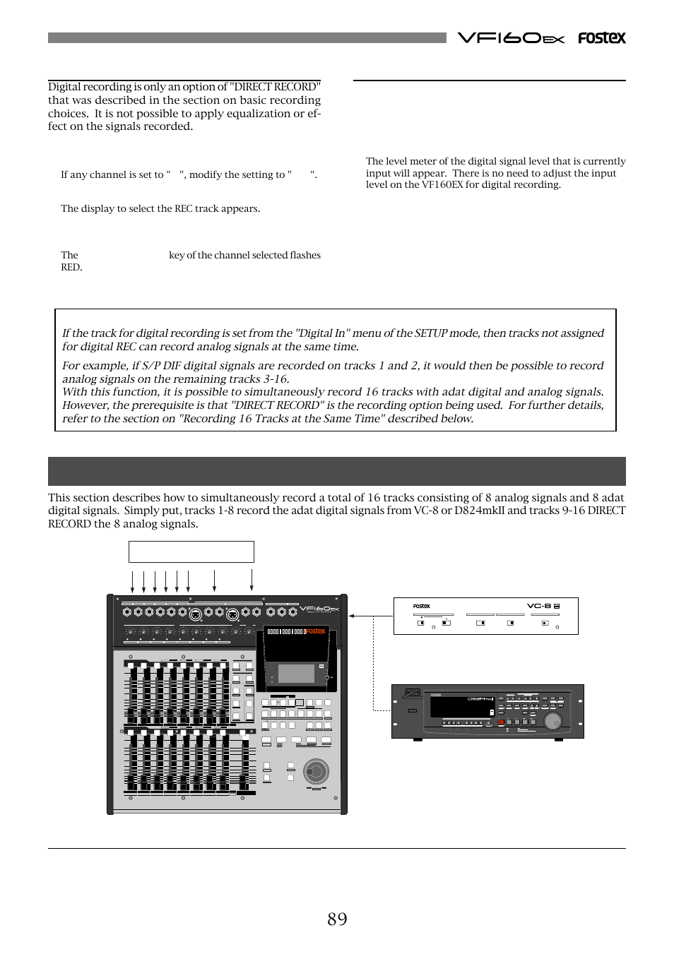 Recording 16 tracks at the same time, Selecting a track to record, Starting to record | Connecting a sound source or external device, Important, Access phantom cd play optical, Press the [direct-rec trk] key | Fostex VF160EX User Manual | Page 89 / 158