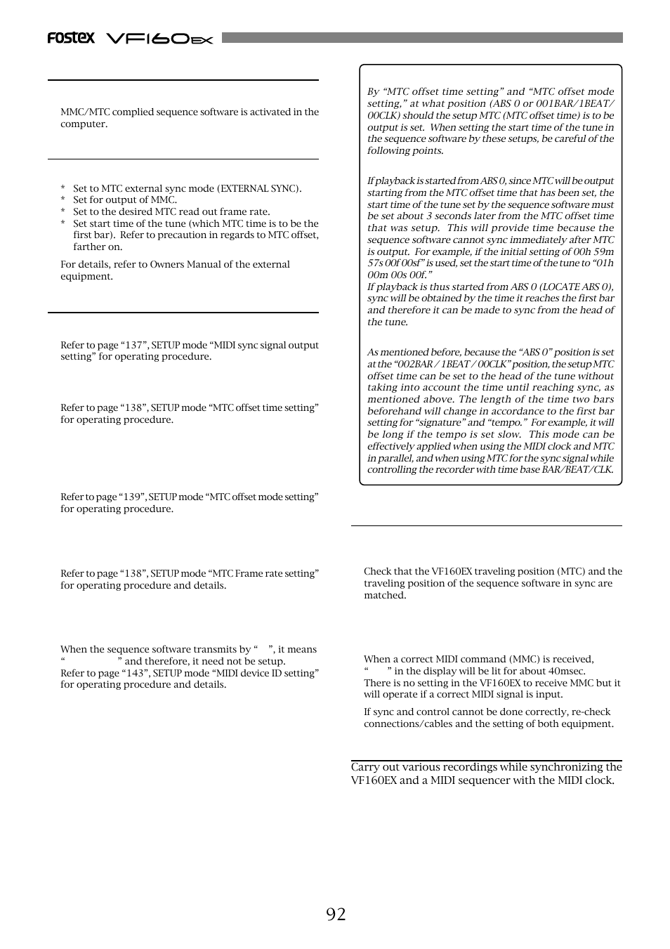 Connecting to external equipment, Setup of external equipment, Setup of the vf160ex | Confirming mtc sync/mmc, Execution of recording | Fostex VF160EX User Manual | Page 92 / 158