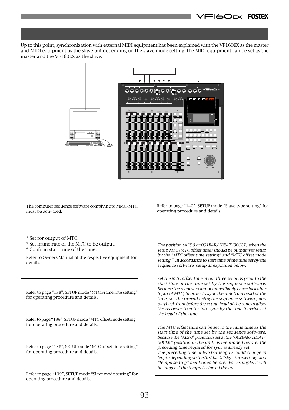 Connection to external equipment, Setup of external equipment, Setup of the vf160ex | Precautions at mtc related setups, Offset mode: for abs, Offset mode: for bar/beat, Access phantom cd play optical | Fostex VF160EX User Manual | Page 93 / 158
