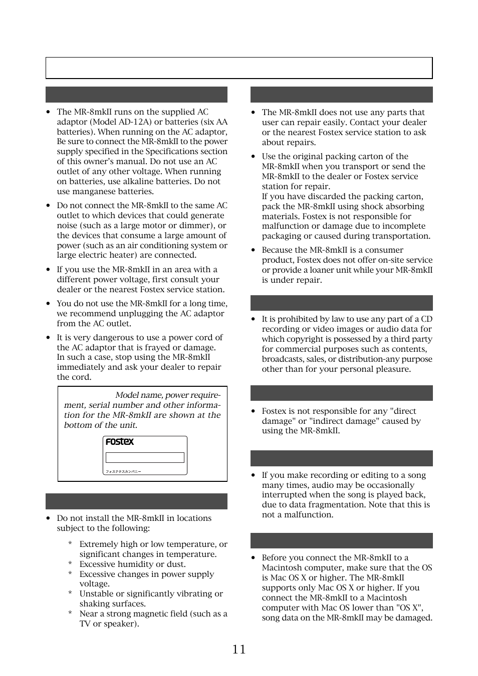 Precautions before using, About power supply, Precautions upon installing the mr-8mkii | About copyrights, About damages | Fostex MR-8MKII User Manual | Page 11 / 154