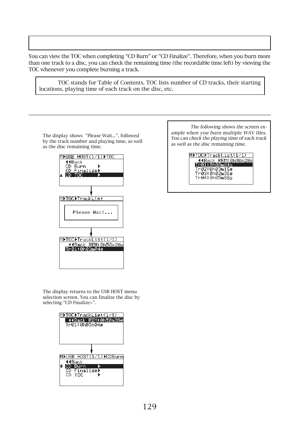 Viewing toc, Viewing toc after completing "cd burn | Fostex MR-8MKII User Manual | Page 129 / 154
