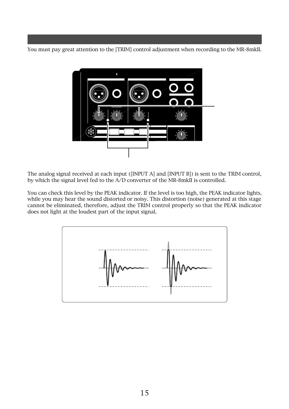 Trim] control, Mr-8mkii owner’s manual (read this chapter first!), Trim] control peak led | Proper level the level is too high | Fostex MR-8MKII User Manual | Page 15 / 154