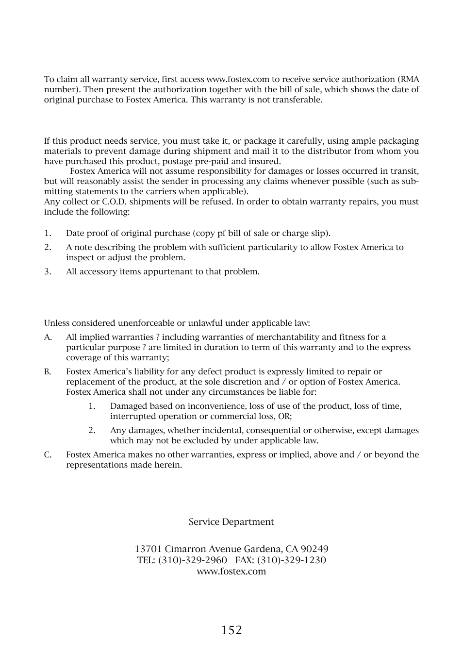 Fostex america limited warranty, Shipping | Fostex MR-8MKII User Manual | Page 152 / 154