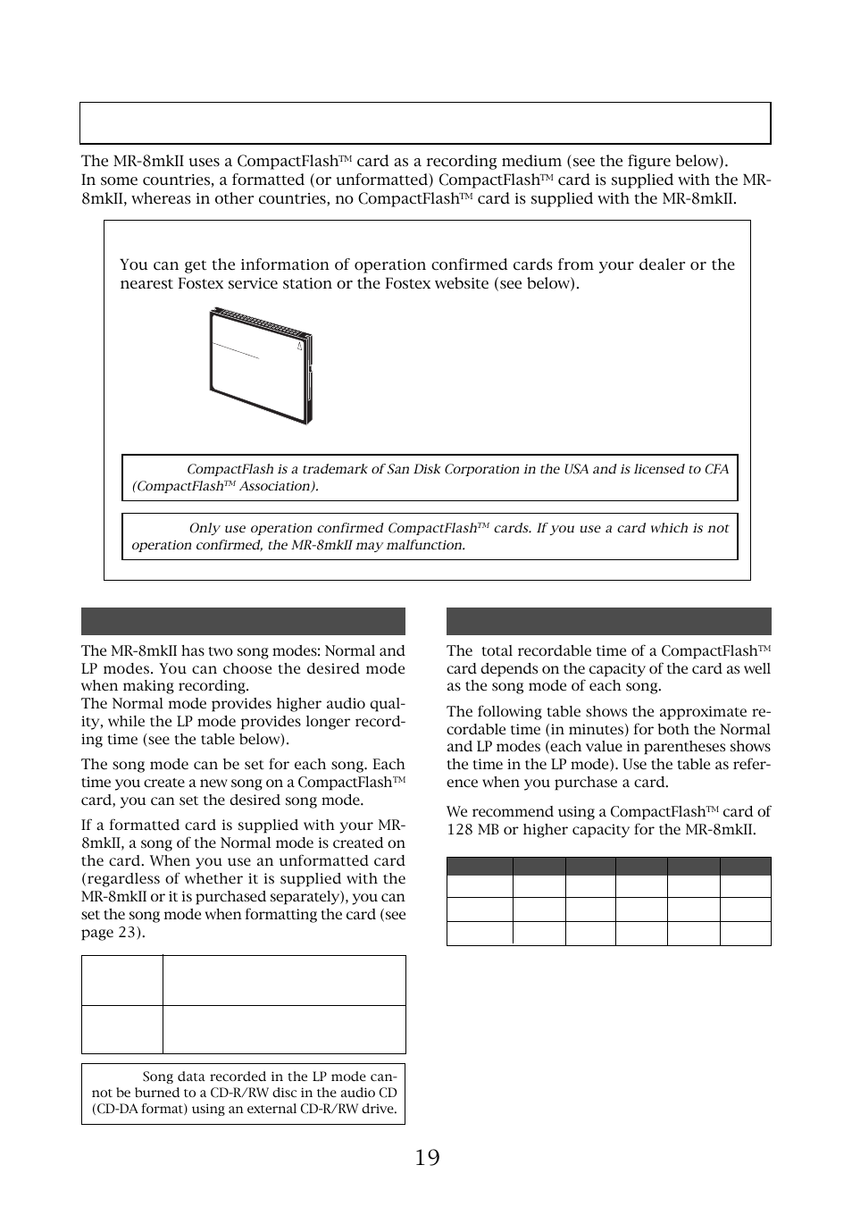 Preparation of recording media, About operation-confirmed compactflash, Cards | About song modes, Fostex website, About recording time of a card | Fostex MR-8MKII User Manual | Page 19 / 154