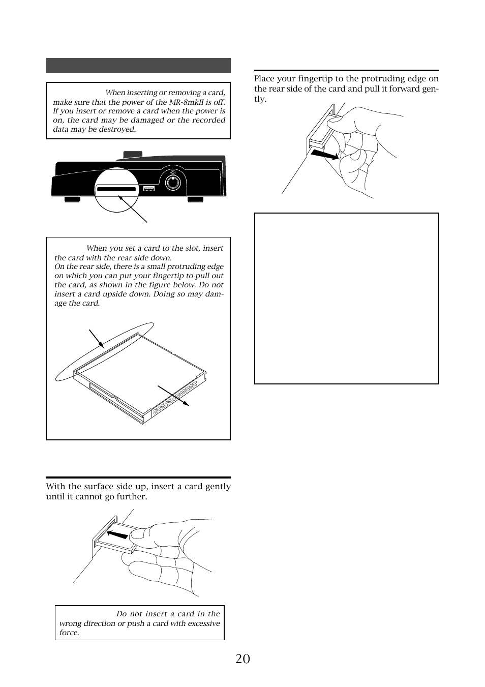 How to remove a compactflash, Card, How to insert a compactflash | Handling of compactflash, Cards | Fostex MR-8MKII User Manual | Page 20 / 154