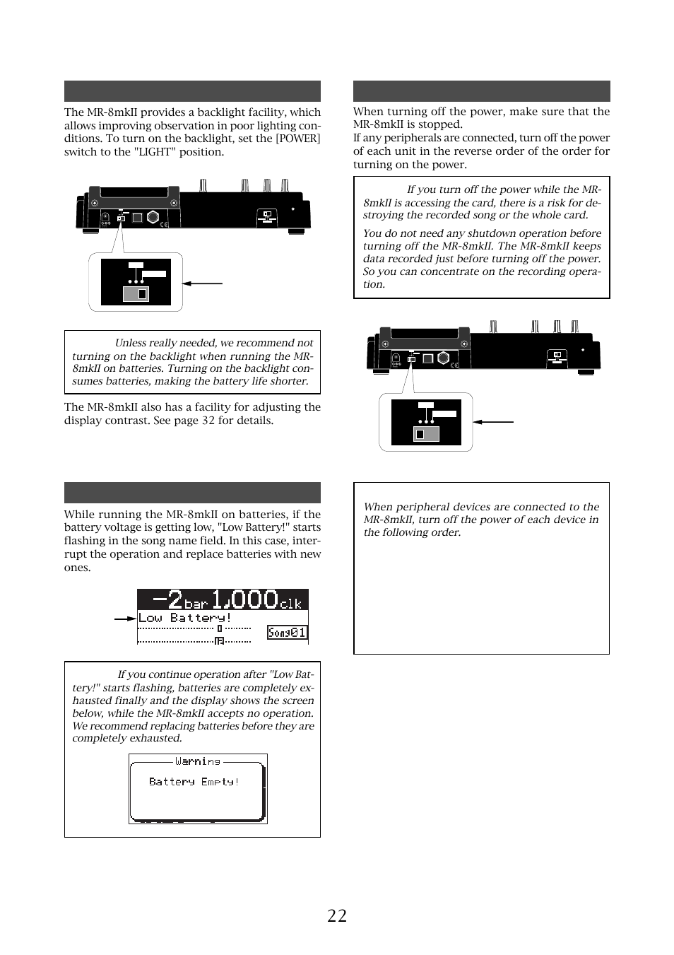 Turn off the power, Low battery indication, Backlight facility | Mr-8mkii owner’s manual (preparation), Light" position, Off" position, Flashing | Fostex MR-8MKII User Manual | Page 22 / 154