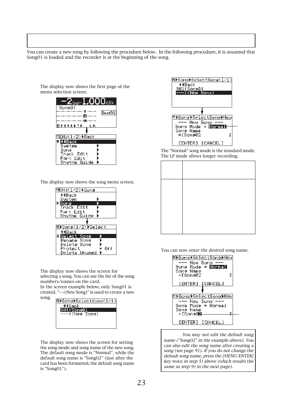 Creating a new song | Fostex MR-8MKII User Manual | Page 23 / 154