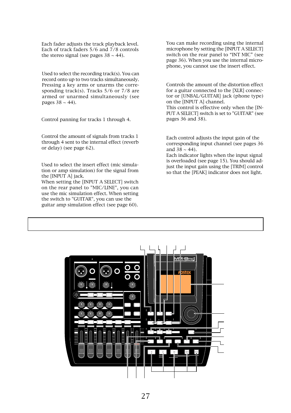 Top panel 2, [distortion] control, Insert effect selection keys | [effect send] controls, [pan] controls, Track faders 14. internal microphone | Fostex MR-8MKII User Manual | Page 27 / 154