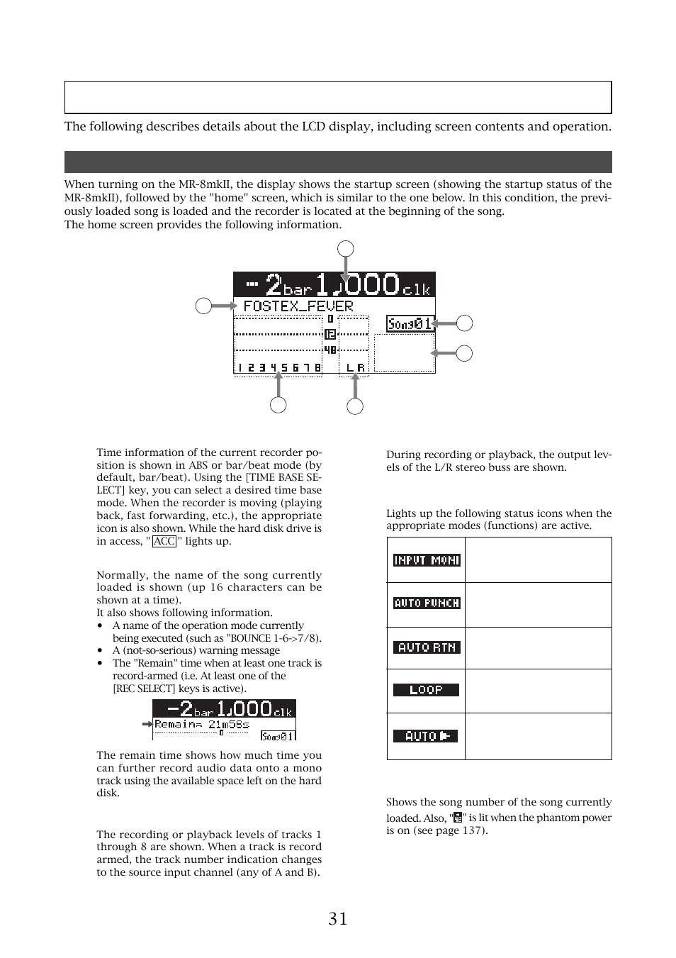 Lcd display | Fostex MR-8MKII User Manual | Page 31 / 154