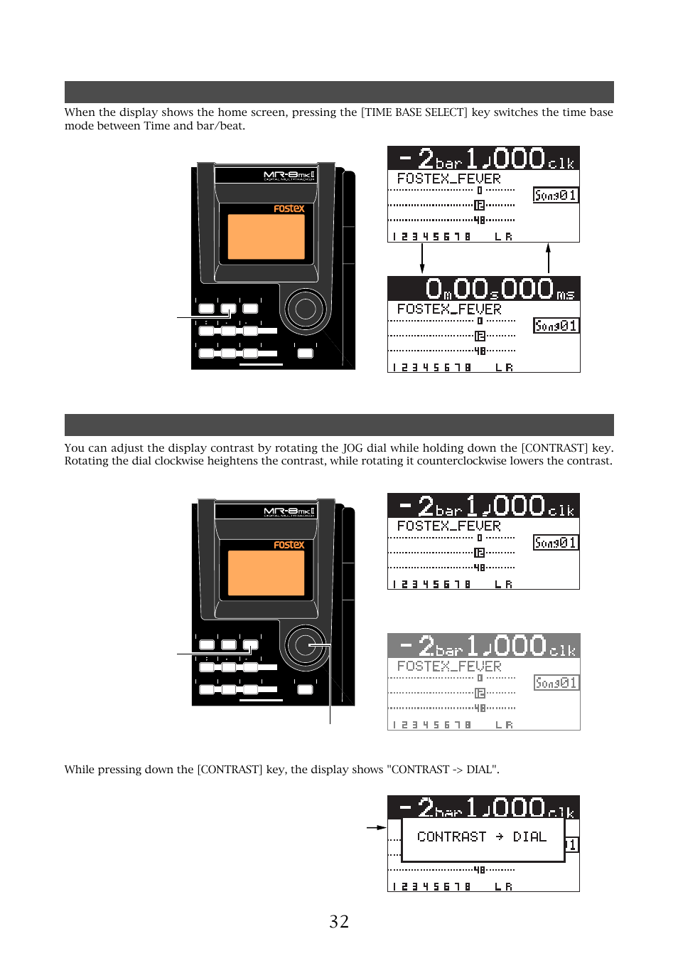 Mr-8mkii owner’s manual (names and functions), High contrast low contrast, Jog dial [contrast] key | Time base select] key | Fostex MR-8MKII User Manual | Page 32 / 154