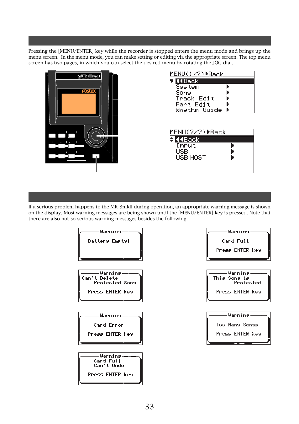 Menu mode screen warning message, Mr-8mkii owner’s manual (names and functions), Menu/enter] key first page | Second page, Jog dial | Fostex MR-8MKII User Manual | Page 33 / 154