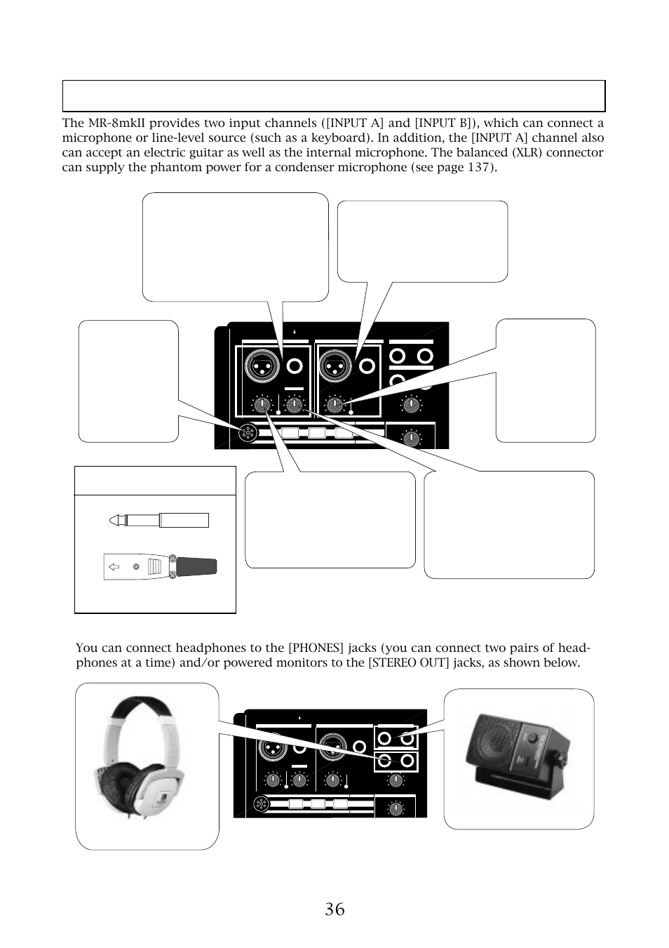 Input connection, Input b] channel, Trim] control | Distortion] control, Internal micro- phone, Phone plug xlr-3-12c type connector, Headphones powered monitor | Fostex MR-8MKII User Manual | Page 36 / 154
