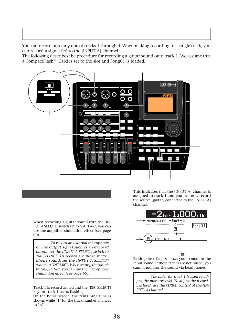 Recording onto a single track, Preparation for recording, Card is set to the slot and song01 is loaded | Fostex MR-8MKII User Manual | Page 38 / 154