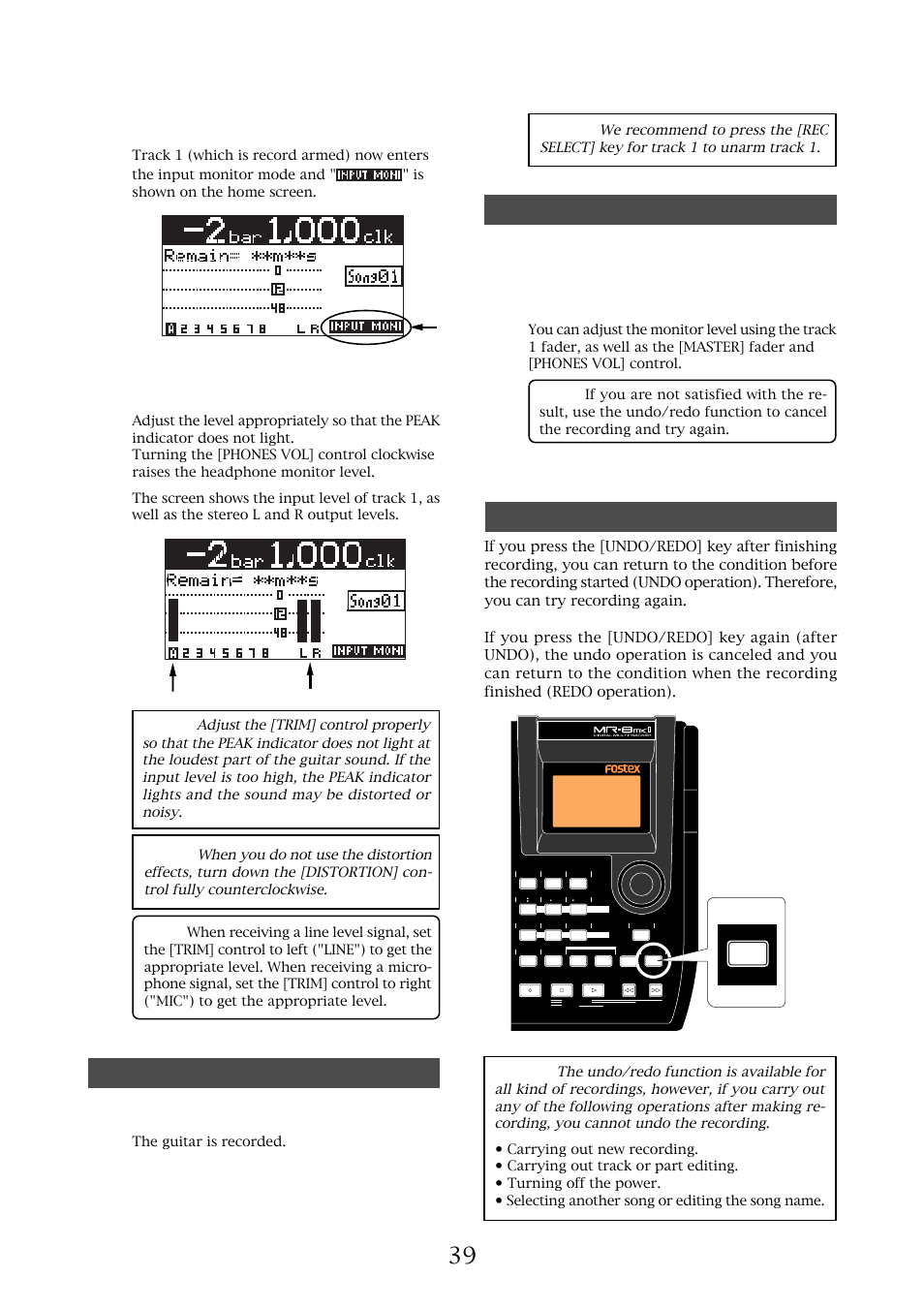 Starting recording, Playing back the recorded track, Undoing recording (undo/redo) | The guitar is recorded | Fostex MR-8MKII User Manual | Page 39 / 154