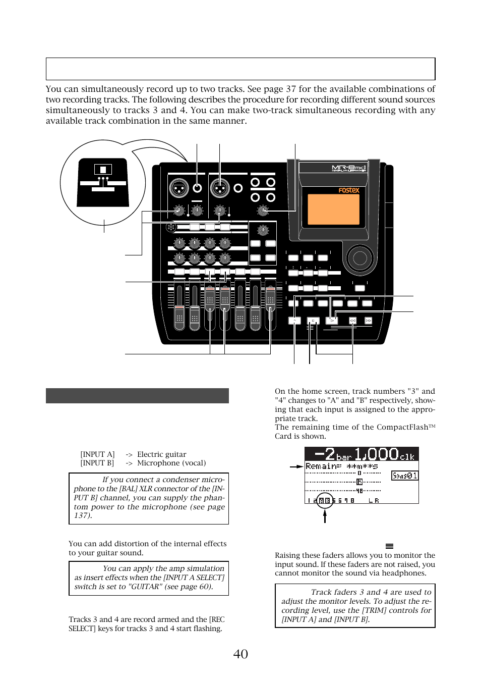 Recording onto two tracks simultaneously, Preparation for recording, 2) set the [input a select] switch to "guitar | 3) press the [rec select] key for tracks 3 and 4, Card is shown | Fostex MR-8MKII User Manual | Page 40 / 154