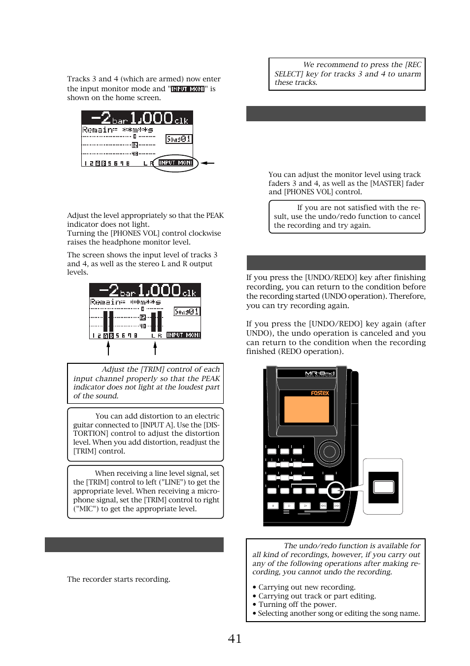 Starting recording, Playing back the recorded track, Undoing recording (undo/redo) | The recorder starts recording | Fostex MR-8MKII User Manual | Page 41 / 154
