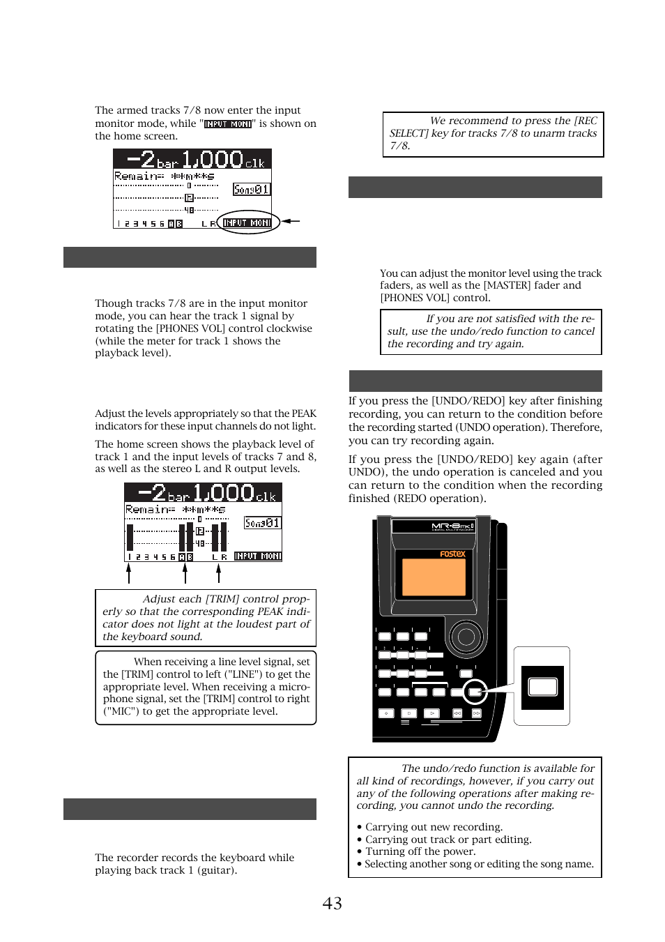 Starting recording, Playing back the recorded track, Undoing recording (undo/redo) | Fostex MR-8MKII User Manual | Page 43 / 154