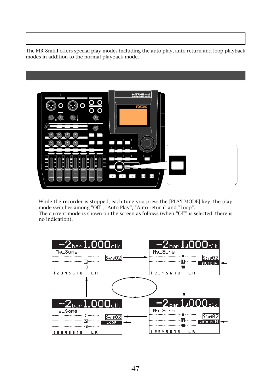 Play mode, Selecting a play mode | Fostex MR-8MKII User Manual | Page 47 / 154