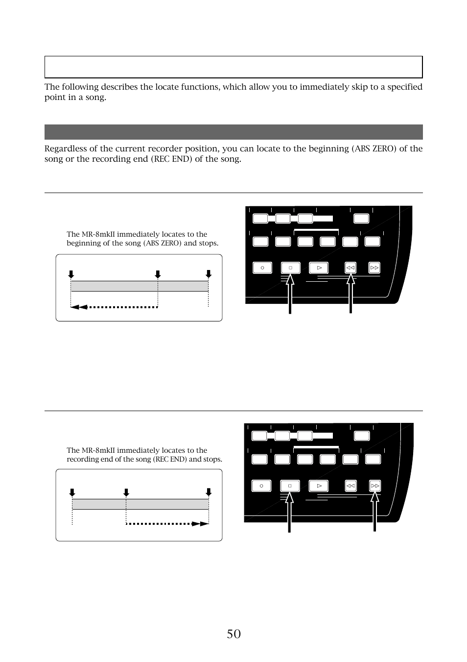 Locate function, Time locate, Locating to the beginning (abs zero) of a song | Fostex MR-8MKII User Manual | Page 50 / 154