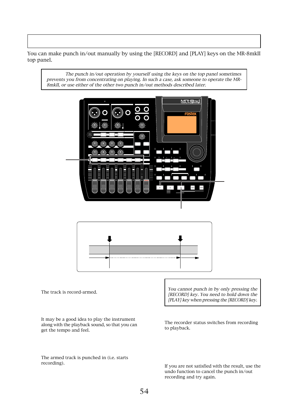 Punch in/out using the keys on the top panel, Mr-8mkii owner’s manual (punch in/out), The track is record-armed | Fostex MR-8MKII User Manual | Page 54 / 154