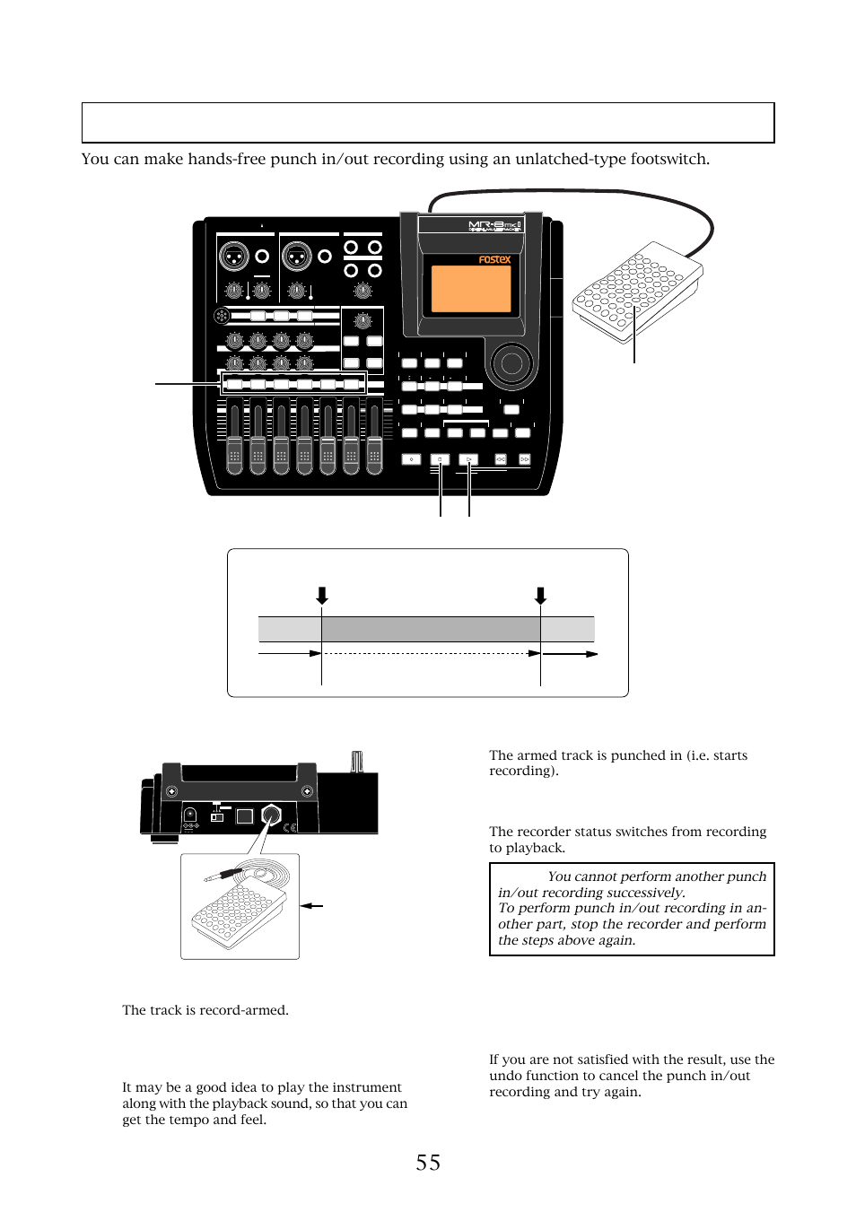 Punch in/out using the footswitch, Mr-8mkii owner’s manual (punch in/out), The track is record-armed | Unlatched-type footswitch | Fostex MR-8MKII User Manual | Page 55 / 154