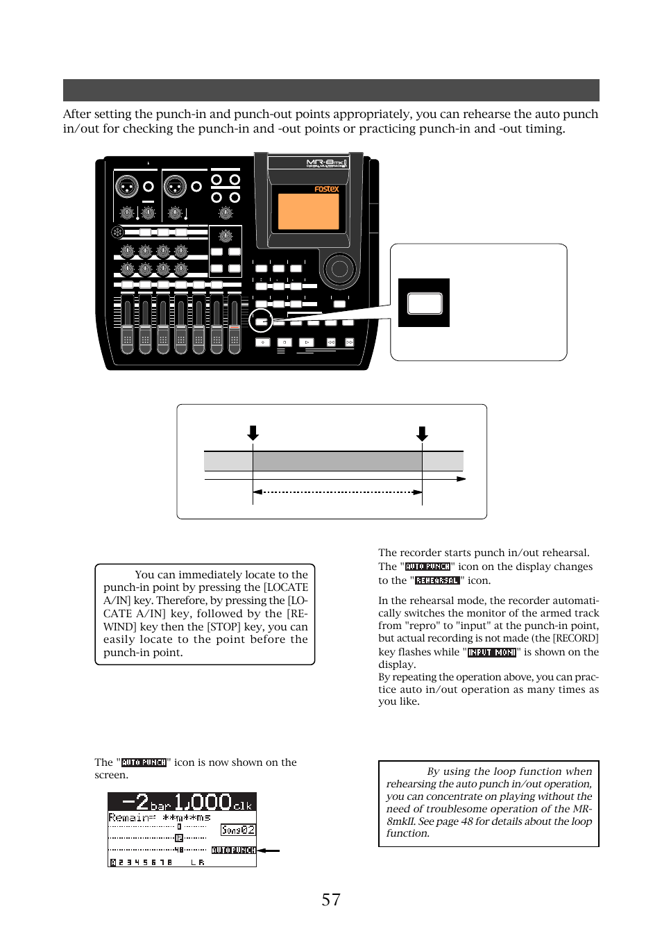 Rehearsal for auto punch in/out, Mr-8mkii owner’s manual (punch in/out), The " " icon is now shown on the screen | How to make auto punch in/out mode active, Lighting | Fostex MR-8MKII User Manual | Page 57 / 154