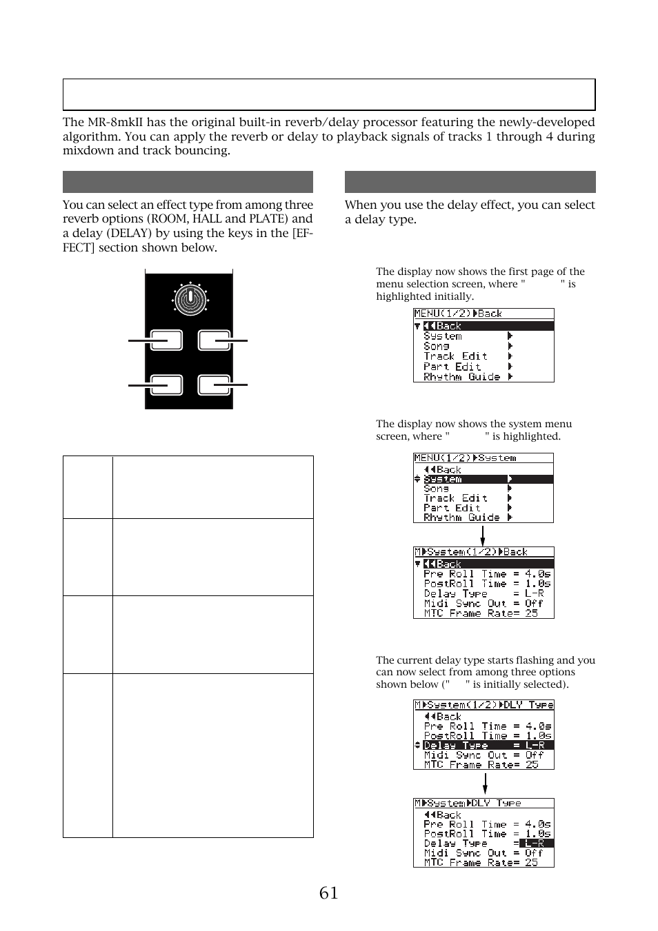 Using the reverb or delay, Selecting an effect type, Selecting a delay type | Fostex MR-8MKII User Manual | Page 61 / 154