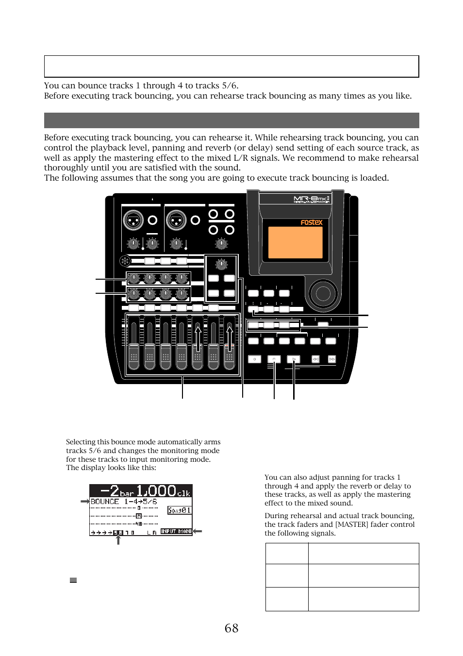 Bouncing tracks 1 through 4 to tracks 5/6, Rehearsal of track bouncing, Mr-8mkii owner’s manual (track bouncing) | Lighting flashing, Lighting | Fostex MR-8MKII User Manual | Page 68 / 154
