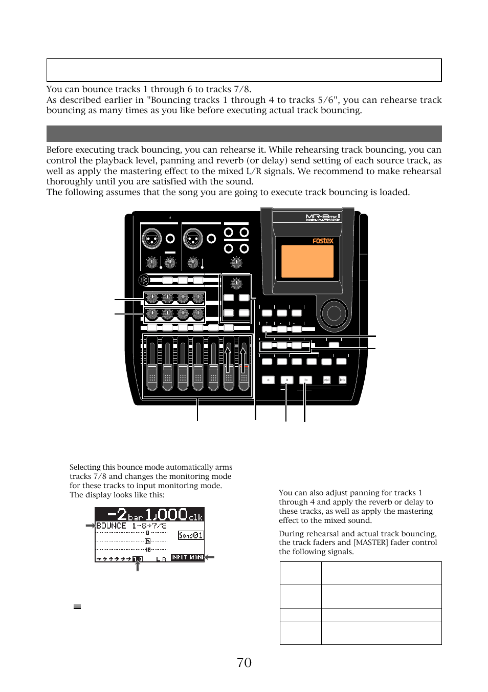 Bouncing tracks 1 through 6 to tracks 7/8, Rehearsal of track bouncing, Mr-8mkii owner’s manual (track bouncing) | Lighting flashing, Lighting | Fostex MR-8MKII User Manual | Page 70 / 154