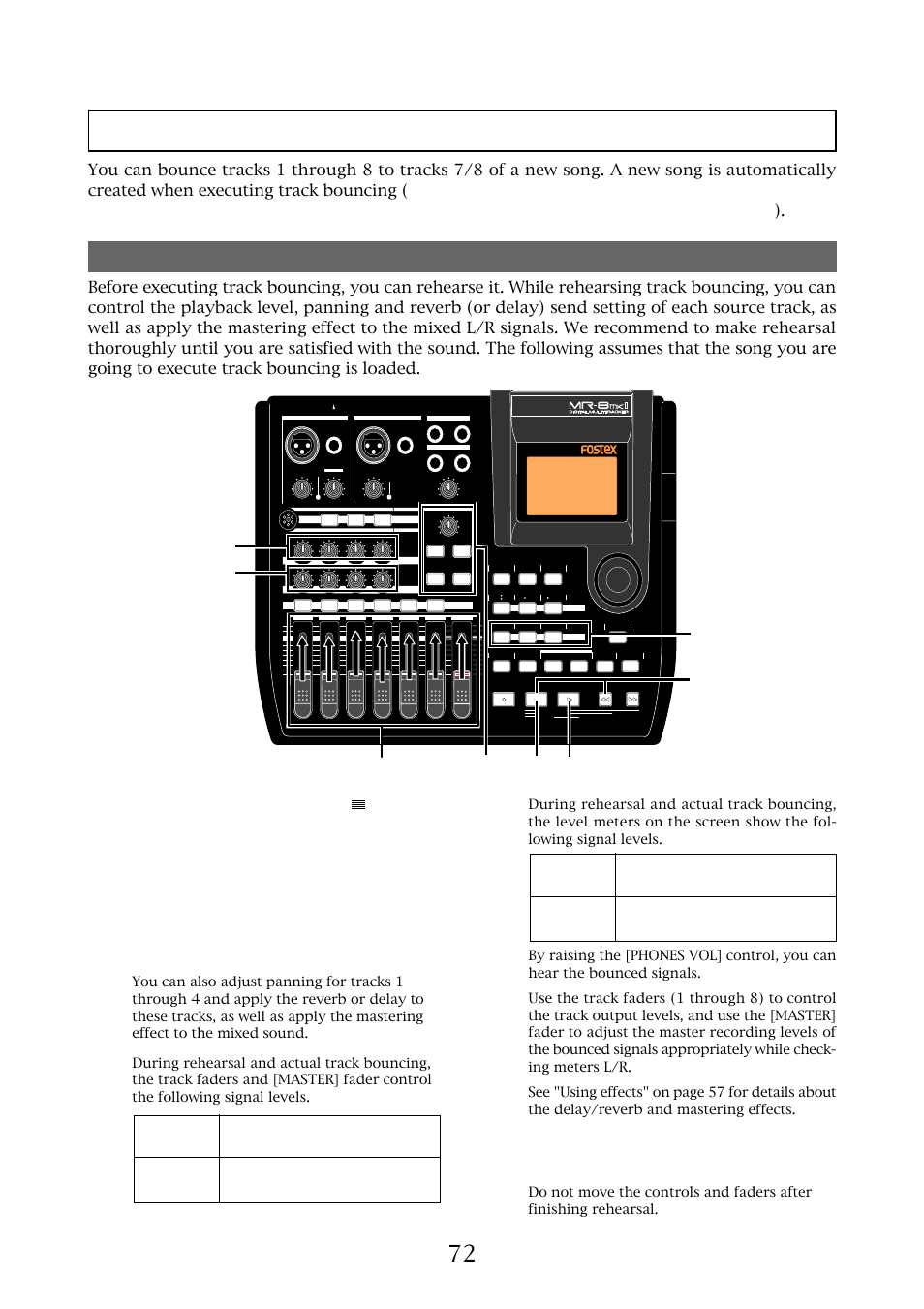 Bouncing tracks 1 through 8 to a new song, Rehearsal of track bouncing, Mr-8mkii owner’s manual (track bouncing) | Fostex MR-8MKII User Manual | Page 72 / 154