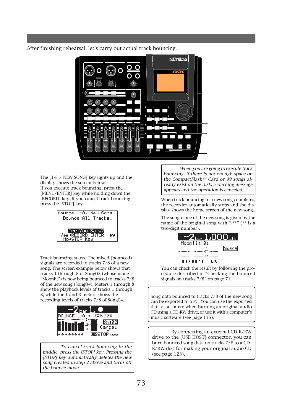 Actual track bouncing, Mr-8mkii owner’s manual (track bouncing), Exporting bounced data to a pc | Flashing | Fostex MR-8MKII User Manual | Page 73 / 154