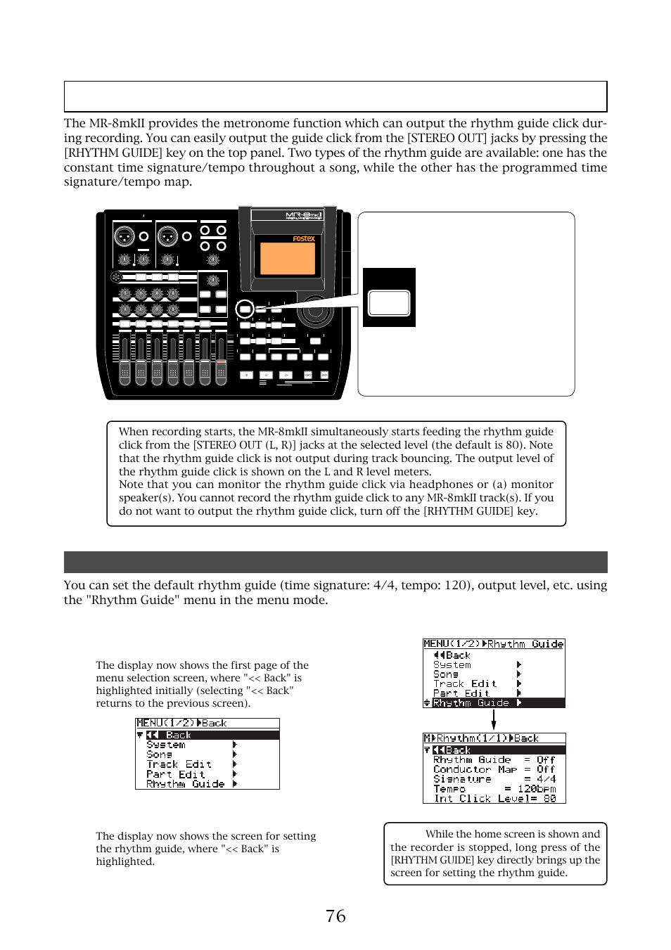 Using the rhythm guide function, Setting the time signature and tempo, Mr-8mkii owner’s manual (rhythm guide function) | Guide rhythm | Fostex MR-8MKII User Manual | Page 76 / 154