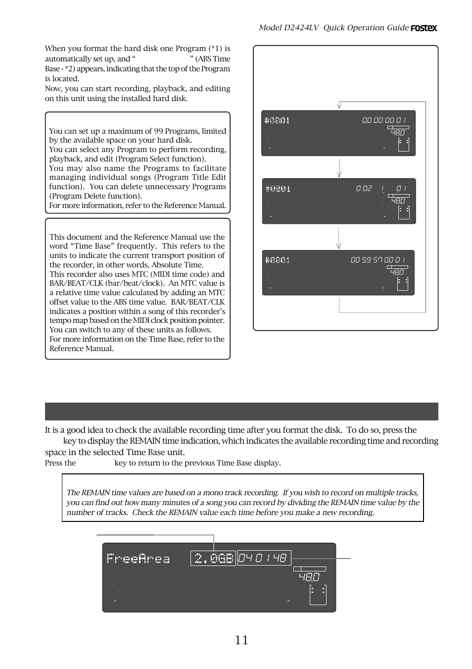 1) program, 2) time base, Model d2424lv quick operation guide | Abs time base bar/beat/clk time base mtc time base | Fostex D2424LV User Manual | Page 11 / 28