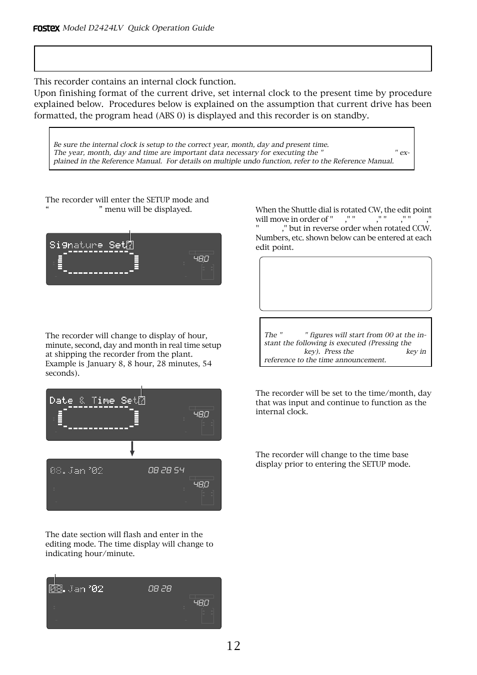 Setup of the internal clock, Press the [setup] key while in the stop mode, Press the [execute/yes] key | Model d2424lv quick operation guide, Flashing | Fostex D2424LV User Manual | Page 12 / 28