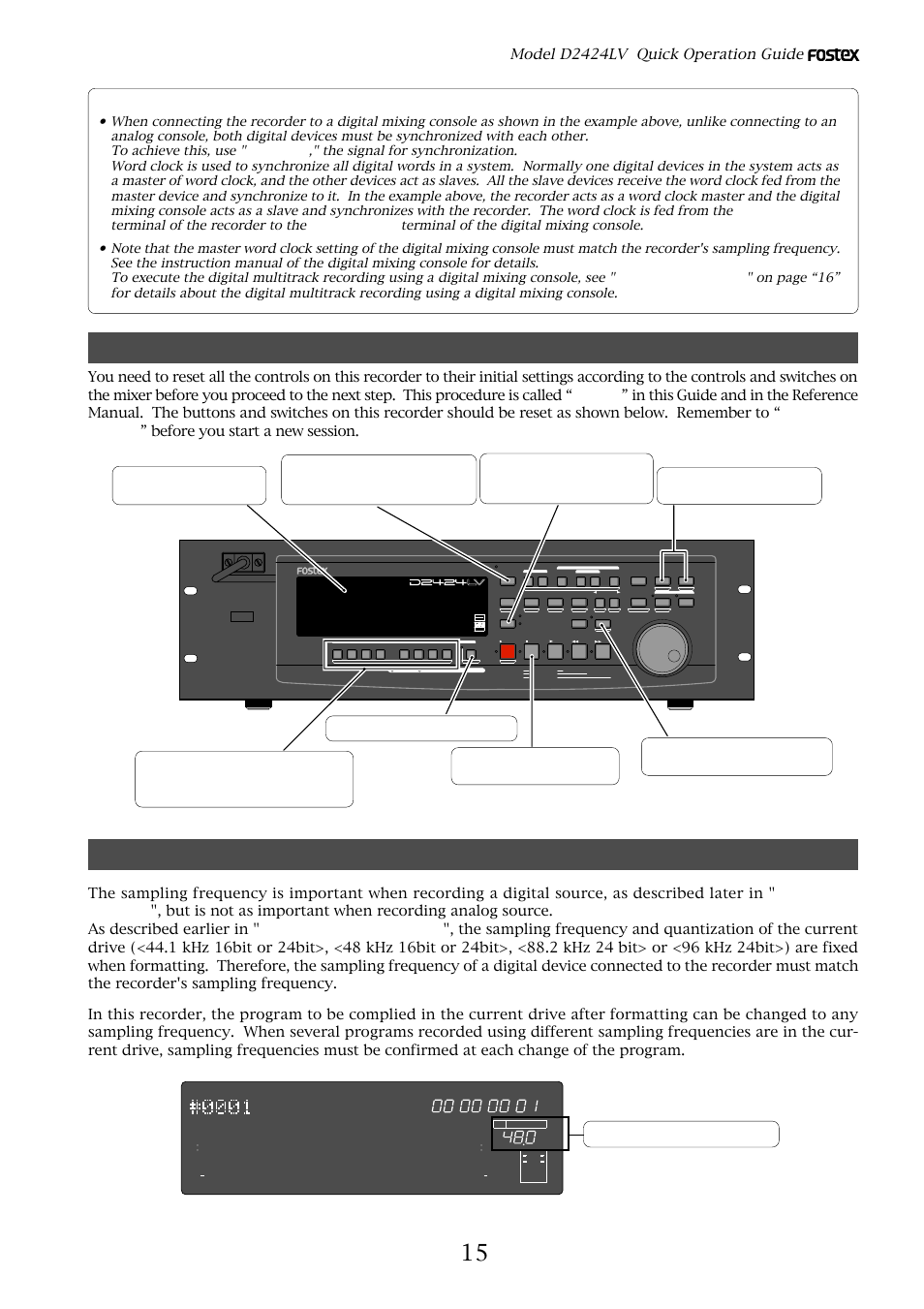 Initial settings, About sampling frequency, Hints | Model d2424lv quick operation guide, Sampling frequency and quantization | Fostex D2424LV User Manual | Page 15 / 28