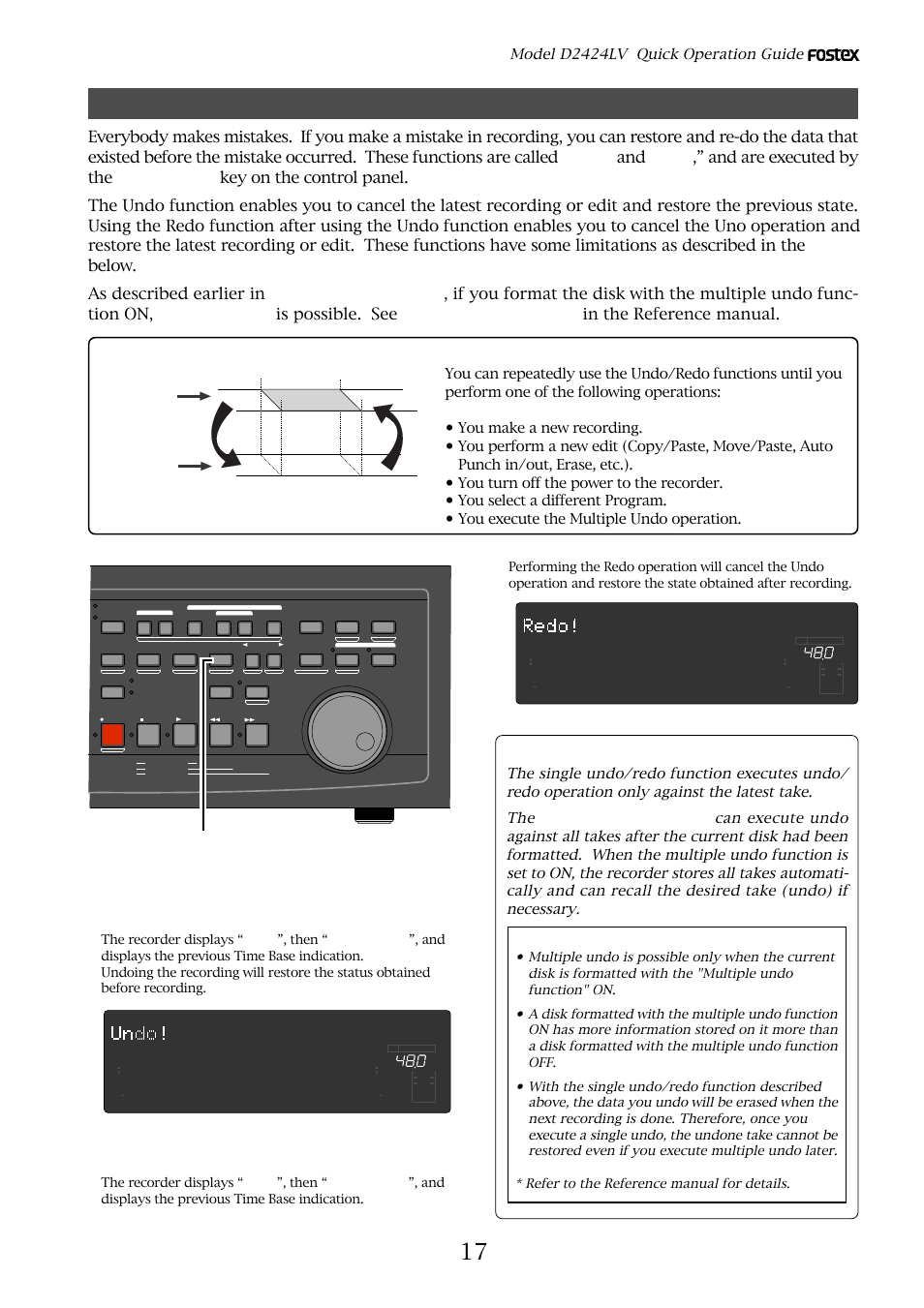 Undo and redo recording (single undo/redo), Hints, Undo/redo] key) | Model d2424lv quick operation guide, Cautions for the multiple undo function | Fostex D2424LV User Manual | Page 17 / 28
