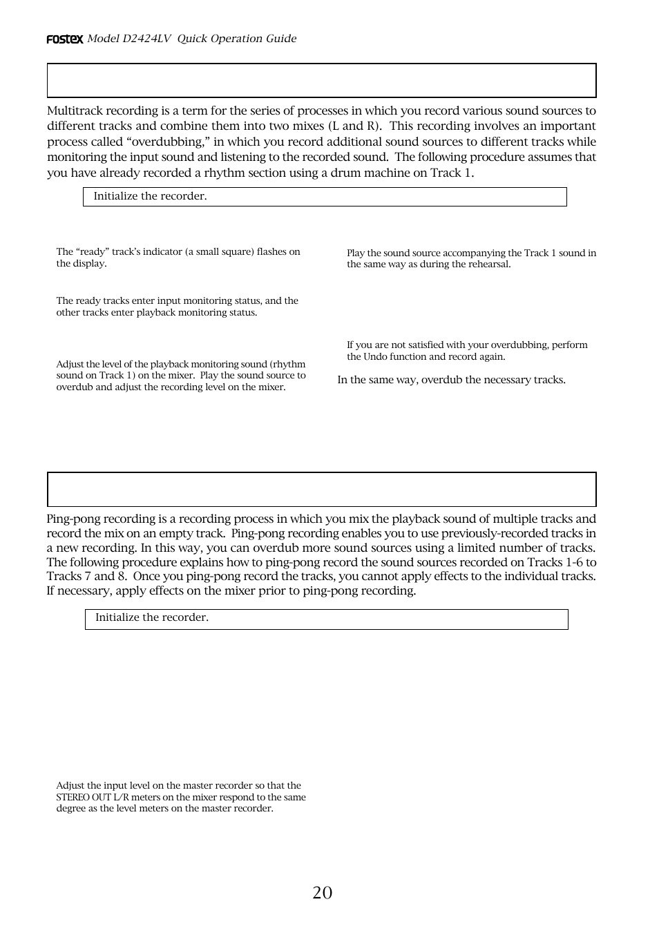 Ping-pong recording, Multitrack recording using overdubbing | Fostex D2424LV User Manual | Page 20 / 28