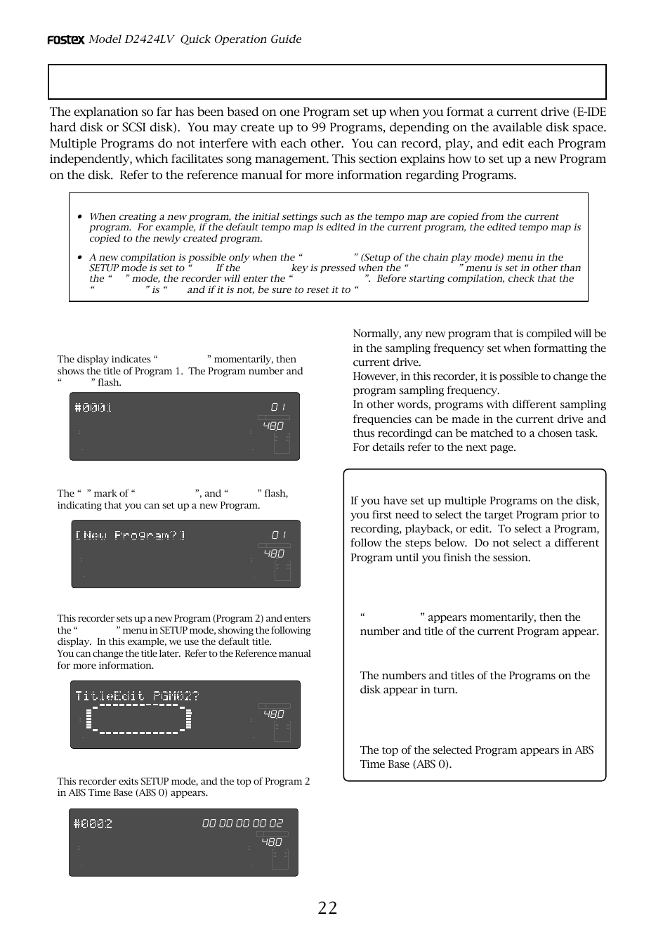 Recording in a new program, Selecting the desired program, Caution | Turn the jog dial clockwise or counter-clockwise, Turn the jog dial clockwise to select “new program, Press the [execute/yes] key, Press the [exit/no] key, Model d2424lv quick operation guide | Fostex D2424LV User Manual | Page 22 / 28