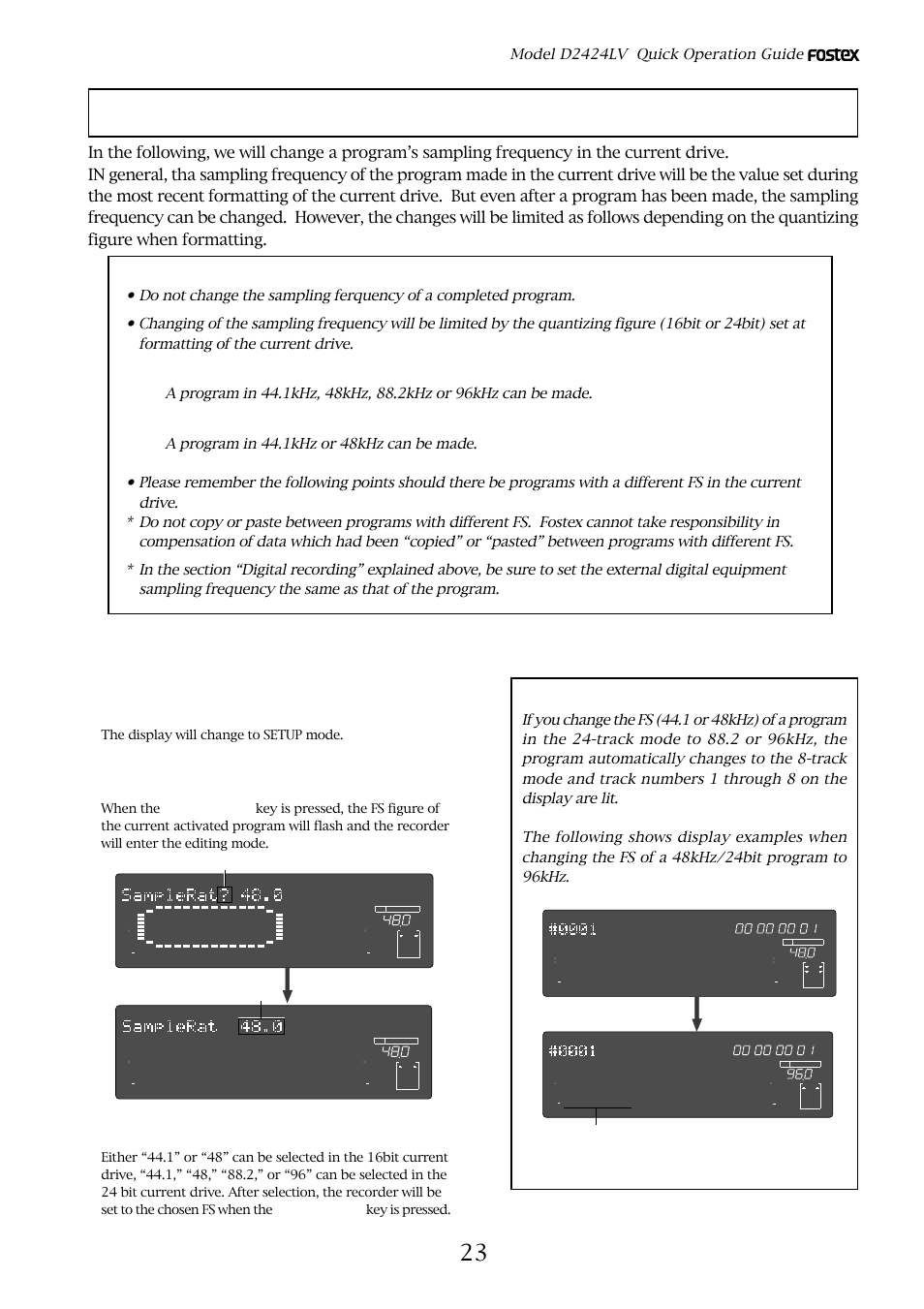 Changing the program fs, Current drive formatting by 24bit, Current drive formatting by 16bit | Model d2424lv quick operation guide, Track numbers 1 through 8 are lit, The display will change to setup mode | Fostex D2424LV User Manual | Page 23 / 28