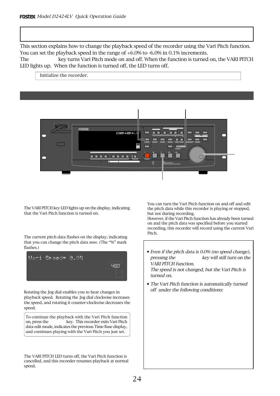 Playback using the vari-pitch function, Vari-pitch function procedures, Set the desired pitch data using the jog dial | Model d2424lv quick operation guide, Initialize the recorder | Fostex D2424LV User Manual | Page 24 / 28
